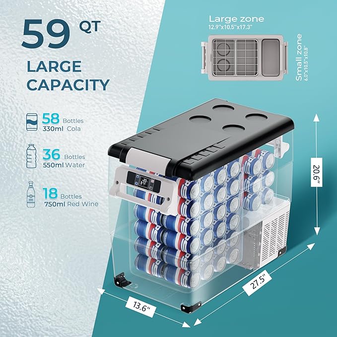 EUHOMY 12 Volt Refrigerator, 59QT(55L) Electric Cooler, 12V Fridge APP Control, 12V Cooler -4℉~68℉, Portable Freezer 12/24V DC 110-240V AC for Camping, Travel, Truck, Home