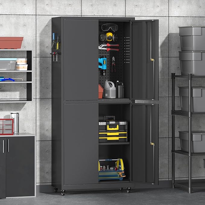 71" H Metal Tool Storage Cabinet with Lock and Wheels, Heavy Duty Garage Cabinet with 4 Doors and 2 Adjustable Shelves, Tool Organizer with Pegboard for Garage, Warehouse(Black, 71" H)