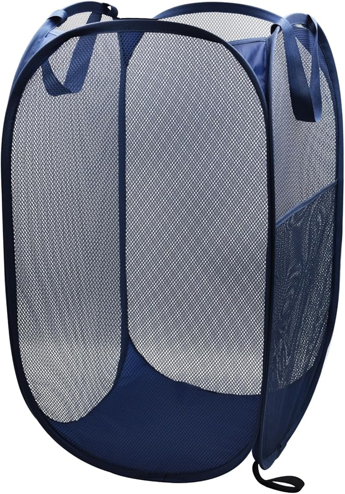 HONOMA Sturdy Mesh Laundry Hamper Basket Bag,Pop up Basket with Side Pocket for Laundry Room, Bathroom, Kids Room, College Dorm or Travel (Pop Vertical, Navy Blue)