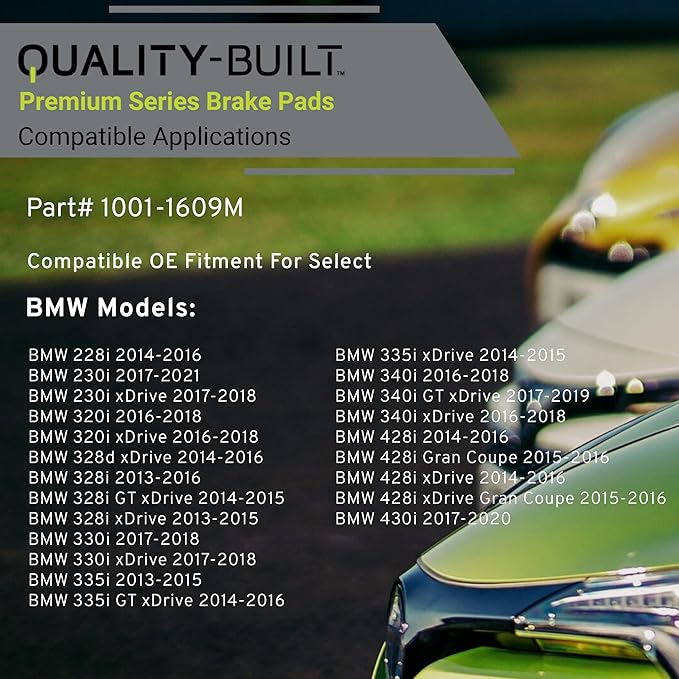 Premium Semi-Metallic Front Brake Pads (1001-1609M) Compatible with 2013-2023 BMW (228i/230i/320i/328i/330i/335i/340i/428i/430i/435i/440i/ActiveHybrid 3/M2/M235i/M240i/M3/M4 & More)