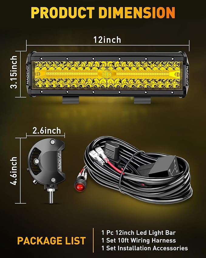 NAOEVO 12 Inch LED Light Bar, 300W 30000LM LED Offroad/Driving/Fog Lights with Wiring Harness Kit, Spot Flood Work Lights for Truck UTV ATV Golf Cart Boat, 1 Pc (Yellow)