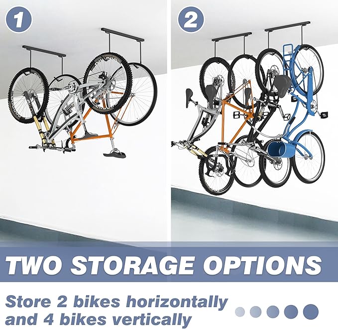 WALMANN Ceiling Mounted Bike Rack for Garage, Space-Saving Ceiling Bike Storage for 2 Bikes(Horizontally)/4 Bikes(Vertically), Adjustable Bike Hooks for Road Mountain Bikes