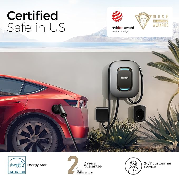 EV Charger Level 2, TESSAN 40A/240V Electric Vehicle Charing Station, Smart EV Chargers Equipment App Control Wi-Fi （Only 2.4Ghz）& Bluetooth 25ft Cable with NEMA 14-50 Plug for Indoor Outdoor Home