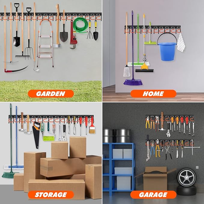 68'' All Metal Garden Tool Organizer Wall Mount Garage Organizers and Storage with Hooks Tool Hangers for Shed
