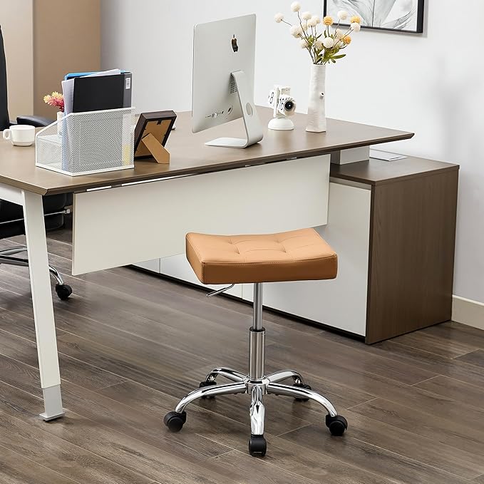 Office Stool with Wheels (300lbs Capacity) (Adjustable Height 17"-21") Brown Faux Leather Workbench Stool (Camel Brown)