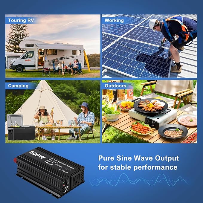 Power Inverter 600W Pure Sine Power Inverter DC 12V to AC 110V Car Converter, Car Cigarette Adapter Converter, Aluminum Alloy Car Power Inverter with 2 USB Ports