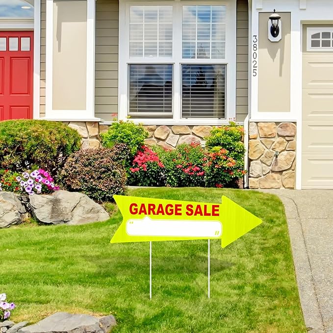 Wenqik 12 Pcs Garage Sale Signs with Stakes Double Sided Neon Arrow Signs with Stakes 17 x 6 Inches High Visibility This Way Plastic Garage Sale Decoration(Yellow and Red)