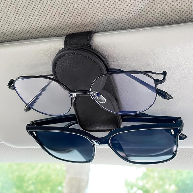 KIWEN Sunglasses Holder for Car Visor, Magnetic Leather Sunglass Eyeglass Hanger Clip for Car Sun Visor Accessories (1, Red)