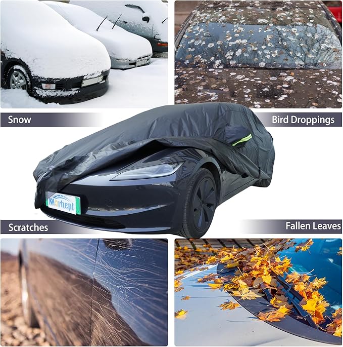 Car Cover for Tesla Model 3, Custom Fit Waterproof All Weather Full Exterior Cover Rain Snow UV Protection with Door Zipper Charging Port
