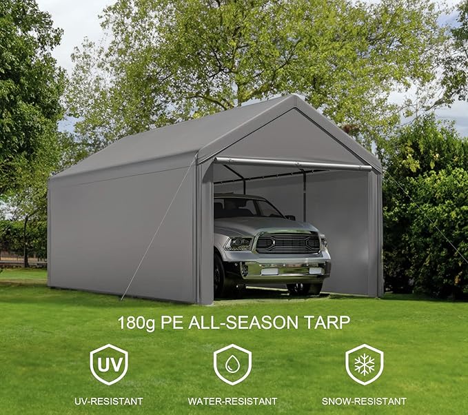 10x20ft Heavy Duty Carport with Removable Sidewalls,All Weather Carport Garage Party Tent Large Outdoor Canopy Storage Shed for Auto,Truck,Boat,Party (Grey)