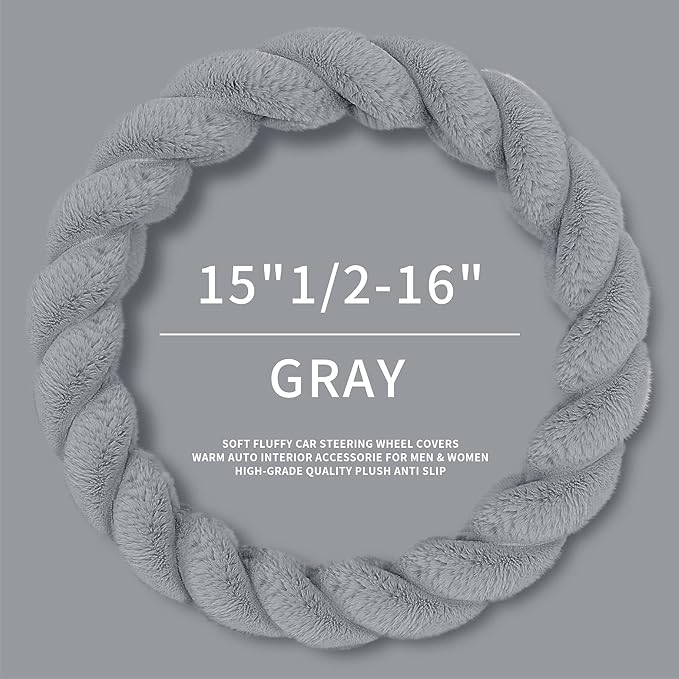 Luxury Fluffy Winter Car Steering Wheel Cover for Women Soft Warm Cute Auto Accessories for Jeep, Truck, Van, F150, Universal, Fuzzy, Anti Slip, Gray, Large Size, 15.2-16in