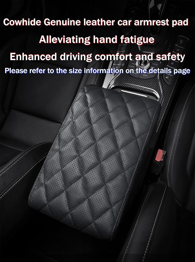 Car Center Console Cover pad Genuine Cowhide Leather,Black Armrest Box mat, Vehicle Arm Rest Cushion Protector,Memory Foam true cow Leather (sizeB 14 x 8 x 2.2 inch(midsize cars and SUVs)