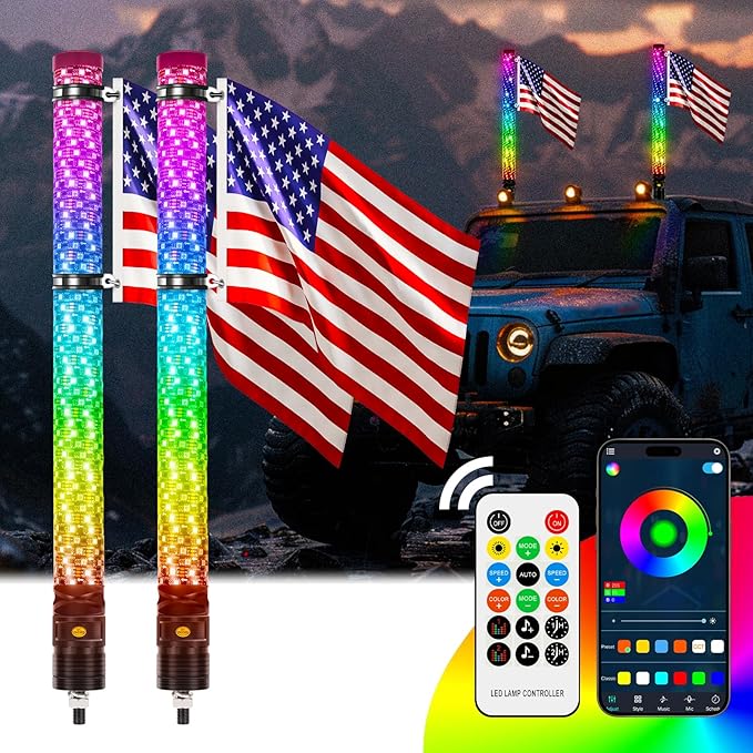 DREAMIZER 2PCS 2FT Fat Whip Lights 360°Spiral Chase Offroad Warning Lighted Antenna LED Whips Side by Side with Turn Signal Brake Reserving Lights for UTV ATV RZR Can-Am SXS Polaris Offroad Truck