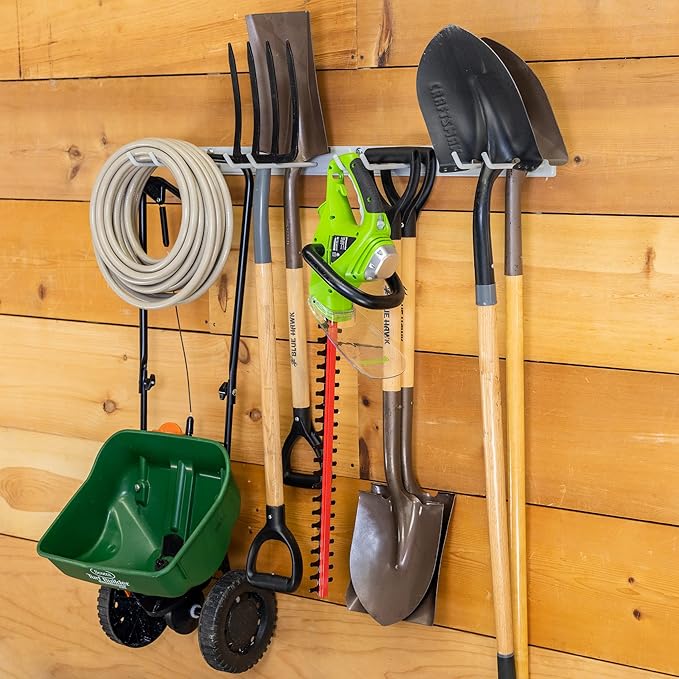 StoreYourBoard Wall-Mounted Rack With 4 Garage Hooks, Gray – Heavy-Duty Steel Holder Garage & Garden Storage for Shed, Workshop, or Home Organization – For Rakes, Shovels, Tools & More – 1 Pack, Gray