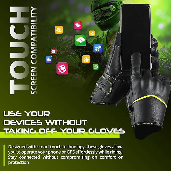 aasportx Motorcycle Gloves - Men's Leather Motorbike Gloves with Touchscreen Function - Non-Slip Pads for Men & Women