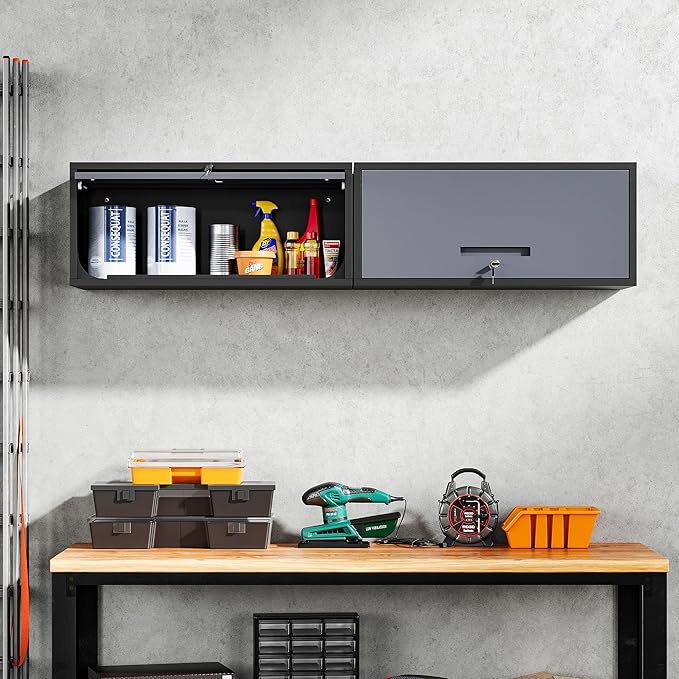 Yizosh Metal Garage Wall Cabinet with Doors, Wall Mounted Metal Storage Cabinet, Floating Garage Tool Cabinet for Garage, Basement, Kitchen, Warehouse (Black Gray, 13.7" H)