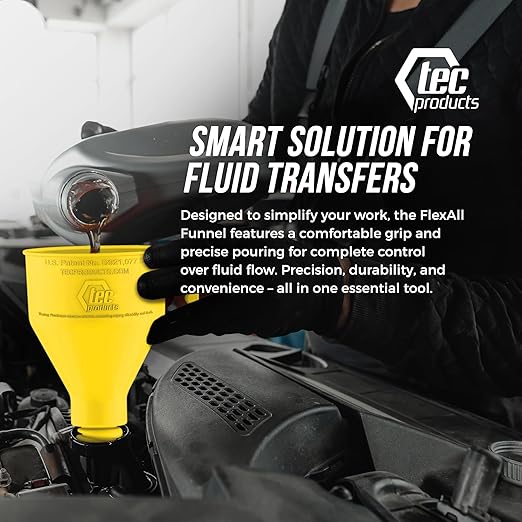 FlexAll Long Flexible Funnel for Automotive Use - Durable Nitrile Rubber - Ideal for Car Oil Change, Transmission Funnel Fluid, Diesel, Fuel, Gas - Made in USA - Yellow (16 x 5 Inches)