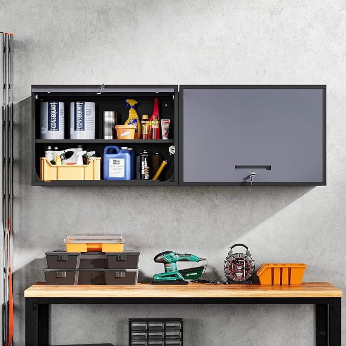 Yizosh Metal Wall Cabinet with Doors and Shelves, Wall Mounted Storage Cabinet for Garage, Basement, Kitchen, Warehouse (Black Gray, 21.6" H)