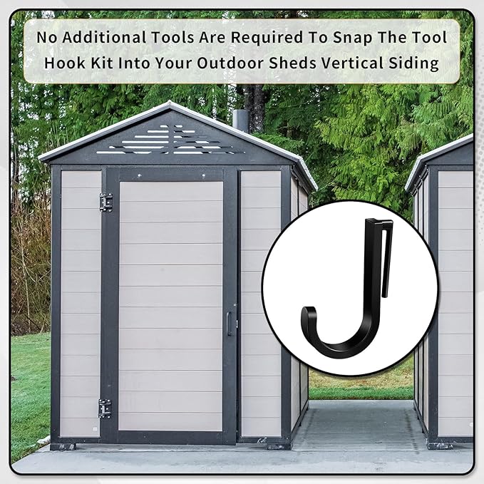 4 Pcs J Tool Hooks Plastic Multi Purpose Shed Organizer Accessories for Wall Black Shed Hanger Storage for Garage Hanging Shovel Rake Sports Equipment