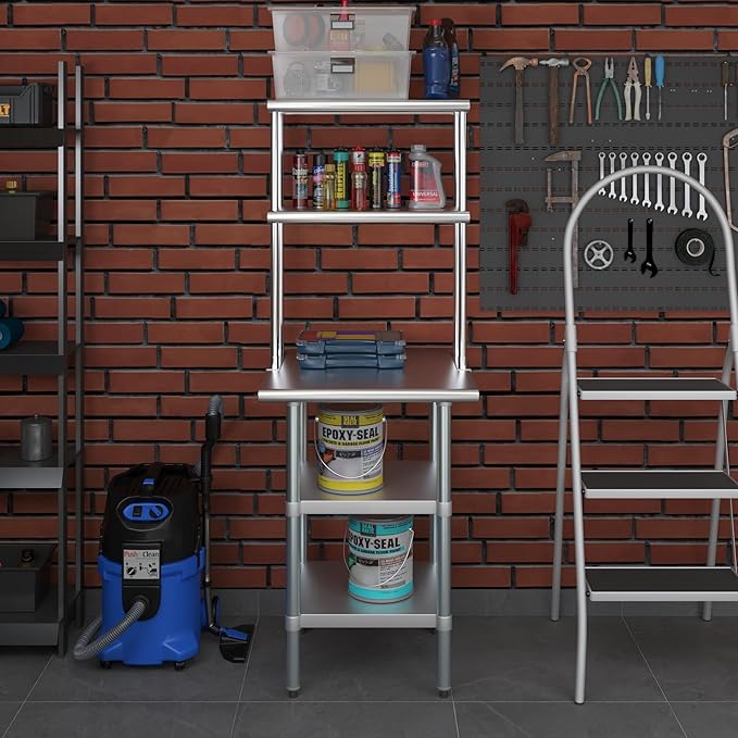 Amgood Stainless Steel Work Table with 2 Shelves | Metal Kitchen Prep Table & Shelving Combo (24" x 24" Table with 2 Shelves + 12" Overshelf)