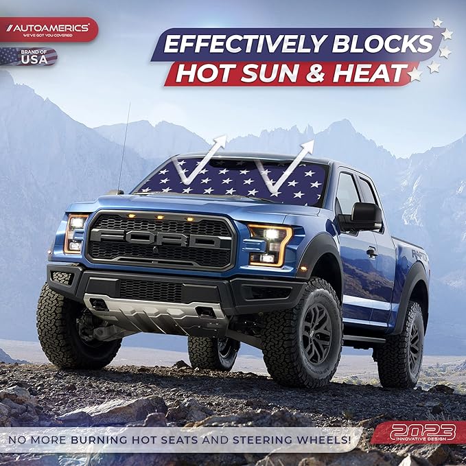 Autoamerics 1-Piece Windshield Sun Shade American Stars Flag USA Patriotic Design - Foldable Car Front Window Sunshade for Sedans SUV Truck - Blocks Max UV Rays and Keeps Your Vehicle Cool - Large