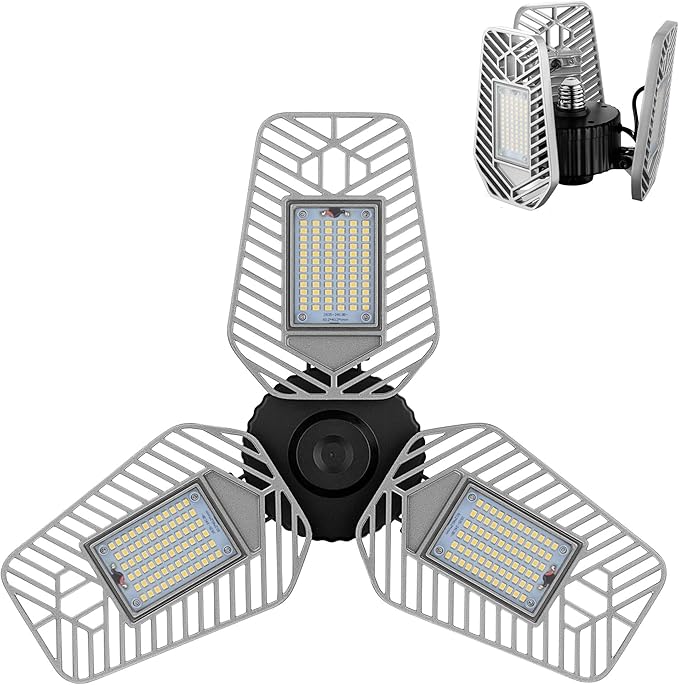 LED Garage Lights, Deformable LED Garage Ceiling Lights 9000 Lumens, 82W CRI 80 Led Shop Lights for Garage, Adjustable Garage Lights, Led Garage Lighting (No Motion Activated) (1-Pack)
