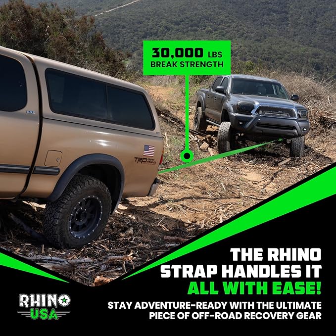 Rhino USA Recovery Tow Strap (3" x 30') - 31,518lb Break Strength - Emergency Recovery Strap Tow Rope for Truck, UTV, ATV & More - Heavy Duty Towing Strap for Offroad 4x4 Use - Compatible with Jeep