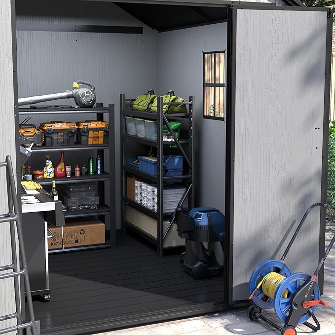 7.3x7.3 FT Resin Outdoor Storage Shed Large, 376 Cuft Garden Tool Sheds & Outdoor Storage Plastic Shed with Floor, 8FT Tall Backyard Lawn Mower Storage Shed with Side Window, Cemented Grey