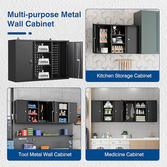 Metal Wall Cabinets for Storage with Locking Doors Adjustable Shelf Pegboard and Hooks, Metal Garage Wall Cabinet, Floating Upper Storage Cabinet