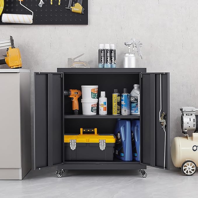 LUCYPAL Metal Storage Cabinet with Locking Doors and Wheels,Garage Storage Cabinets with 1 Adjustable Shelf for Home Office,Steel Counter Cabinet for Office,Garage,Kitchen,Black