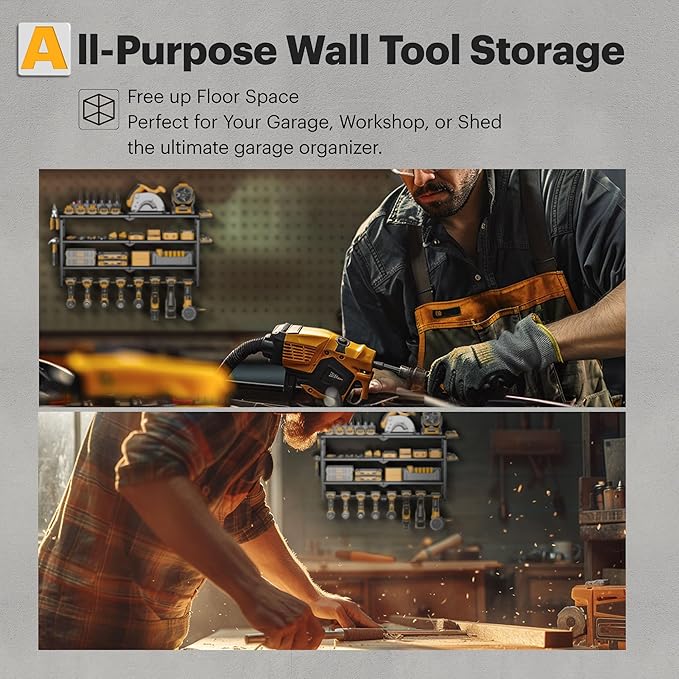 Power Tool Organizer Wall Mount with Charging Station, 4 Layer 8 Slots Cordless Drill Holder for Garage Storage, Utility Racks Max 420lbs Load With 6 Outlet Power Strip for Fathers Men Gift