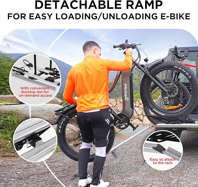 Rockland Foldable 2-Ebike Rack with Ramp, 200 lbs Capacity, Hitch Mount Electric Bike Rack, Fits up to 5" Fat Tire Width and 50" Wheelbase, Ebike Carrier Rack for 2" Receiver for Cars SUVs Vans RVs