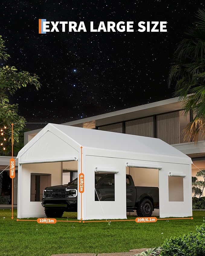10 x 20ft Heavy-Duty Carport with Roll-Up Windows & Removable Sidewalls & Doors Thickened Wind Ropes, Ground Nails, Portable Car Tent Garage for Cars, Trucks, Boats, 180G Durable Tarp Cover,White