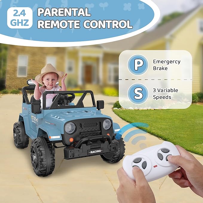 12V Ride On Truck Car with Remote Control, Kids Electric Vehicles with Bluetooth Music, Horn, 3 Speeds, 4 LED Lights, Soft Start, Ride-on Toy for Toddler Boys & Girls (Blue)