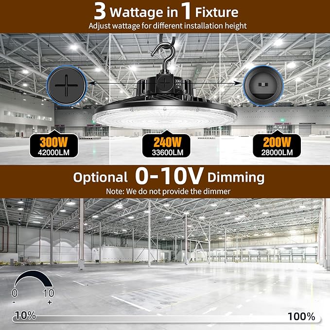 3 Pack 480V LED High Bay Light UL DLC Listed UFO Light 300W 240W 200W Adjustable, Dimmable High Bay LED Shop Lights 5000K Daylight, IP65 Commercial Bay Lighting for Warehouse Factory