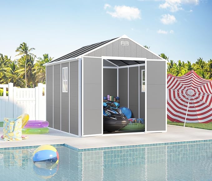 MyVoice 8x8 FT Outdoor Resin Storage Shed with HD Window, Rustproof Waterproof Garden Tool Shed, 12mm Thickened PP Panels, Large Capacity Outdoor Utility House for Backyard Patio (with Floor)