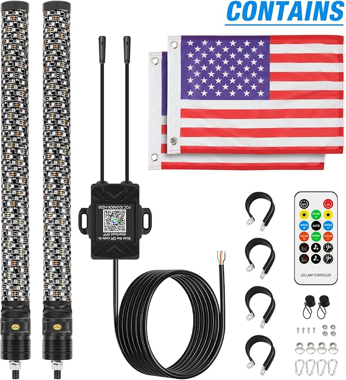 DREAMIZER 2PCS 2FT Fat Whip Lights 360°Spiral Chase Offroad Warning Lighted Antenna LED Whips Side by Side with Turn Signal Brake Reserving Lights for UTV ATV RZR Can-Am SXS Polaris Offroad Truck