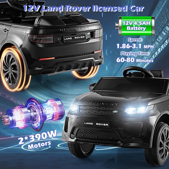 Costzon 12V Kids Ride On Car, Licensed Land Rover Electric Vehicle w/Remote Control, Lockable Doors, Slow Start System, LED Lights & Speed Switch Sound, Music & Horn, MP3 & USB (Black)