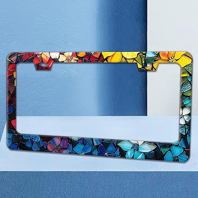 Marble Flowers License Plate Frame Colorful Floral Pattern License Plate Holders Funny Stainless Steel Auto Accessory Bracket 2 Hole with Screws Universal Us Car License Plate Frames 6x12 Inch