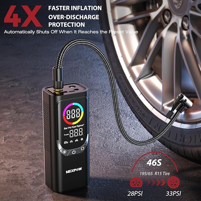 NEXPOW NP17 Portable Air Compressor, 150 PSI Digital Tire Inflator, Fast Inflation with Auto Shut-Off, LED Light, Multiple Nozzles for Car, Bike, and Ball, Compact Design, Grey