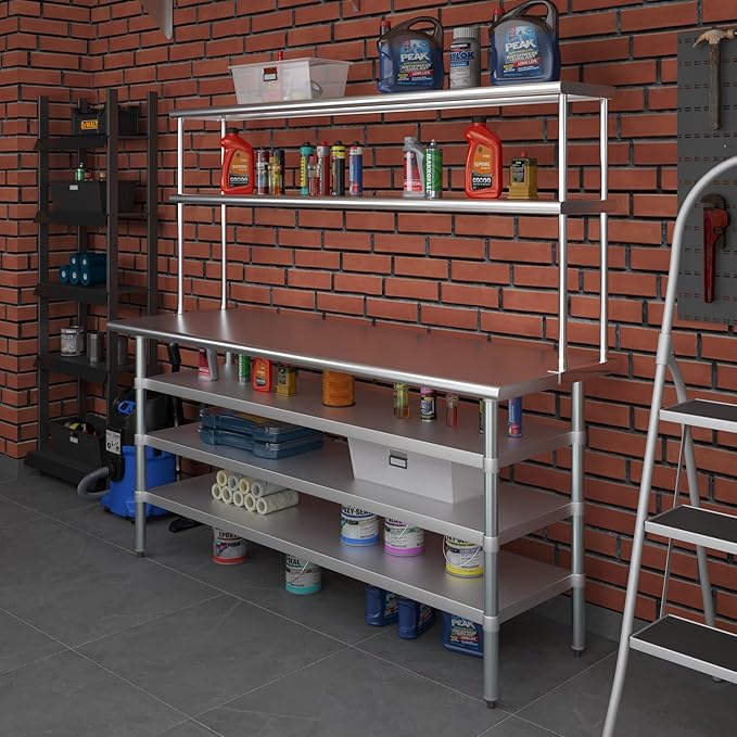 Amgood 24" x 72" Stainless Steel Work Table with 3 Shelves and 12" Wide Double Tier Overshelf | Metal Kitchen Prep Table & Shelving Combo | NSF