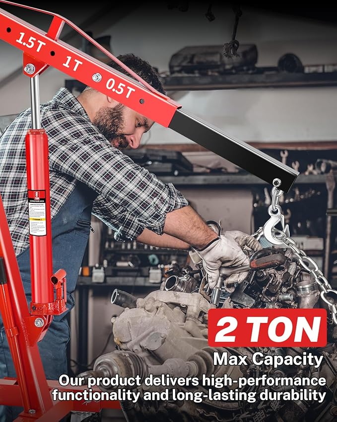 2-Ton Folding Engine Hoist, Hydraulic Shop Crane with 6 Swivel Wheels & Adjustable Boom (0.5T-2T), Heavy-Duty Cherry Picker for Garage, Workshop, Truck, Farm (Net Wt. 157 lbs)