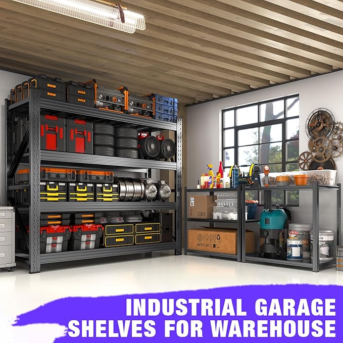 Metal Garage Shelving Unit, Heavy Duty 4-Tier Adjustable Storage Rack, 6000 LBS Loads Industrial Utility Shelves for Garages, Warehouses, Kitchen, Black, 71" W x 24" D x 71" H