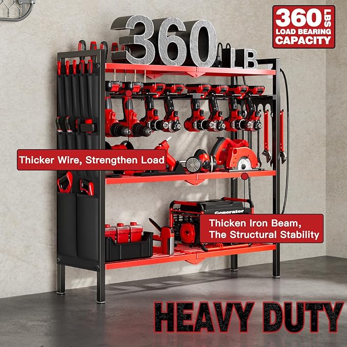 Large Power Tool Organizer Cart with Charging Station 8 Drill Holder Garage Storage Standing Heavy Duty and Stability Storage Rack Utility Tool Shelf (Red)