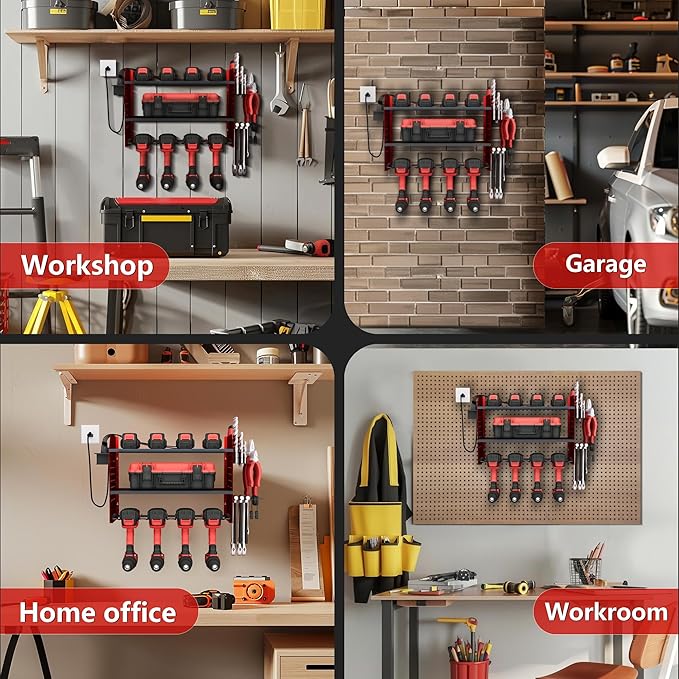 Power Tool Organizer Wall Mount – Adjustable Shelf, Side-Mounted 4-Outlet Charging Station | Heavy Duty Steel Drill Holder with Pegboards, Hooks & Drill Bit Rack for Garage & Workshop Storage(Red)