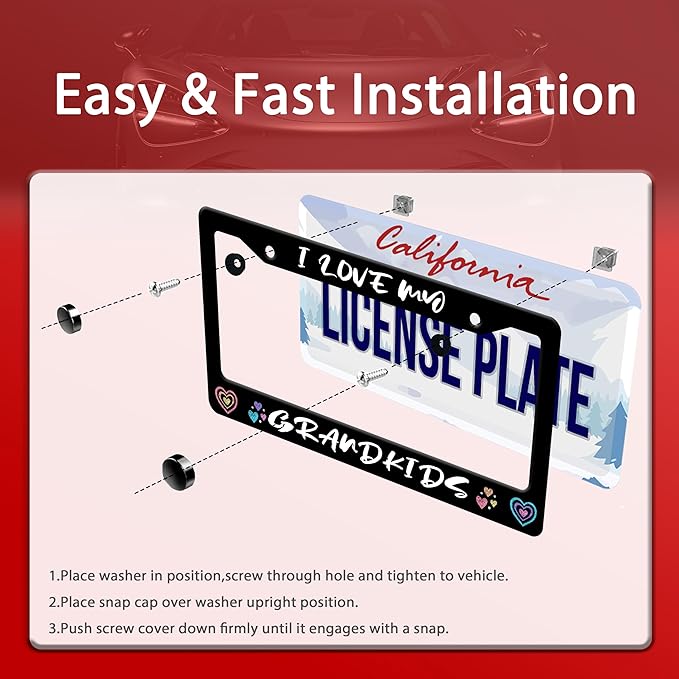 Personalized License Plate Frame I Love My Grandkids Stainless Steel Accessory Family License Plate Holder Funny Car Decorative 2 Holes Fits Us Standard License Plates 12.2 X 6.3 in for Men Women