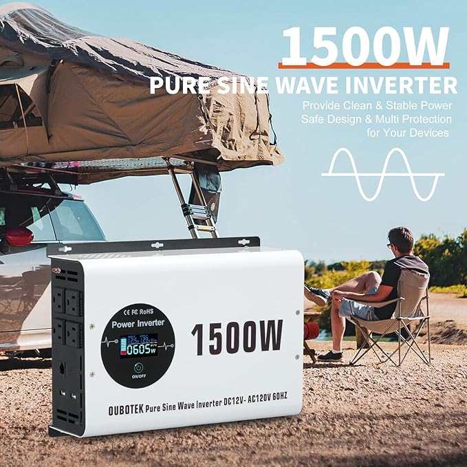 1500W Pure Sine Wave Power Inverter with Peak 3000W,12V to 120V AC Converter, Wireless Remote, 4 AC Outlets, 2 USB Ports and Type-C for RV, Solar Off-Grid