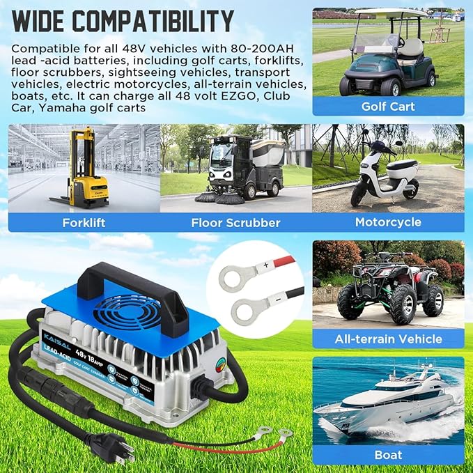 KAISAL 48V Charger 1250W 18A Golf Cart Battery Charger for 48 Volt Club Car/EZGO/Yamaha Onboard Lead-acid Golf Cart Charger with M8 Terminal for all 48V Vehicles, Forklift, Floor Scrubber, Motor, Boat