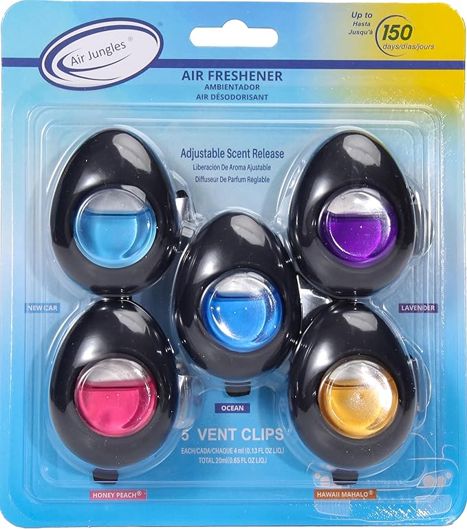 Air Jungles Car Air Freshener Vent Clip 5 Count, Variety Pack – New Car, Ocean, Lavender, Honey Peach, Hawaii Mahalo, 4 ml Each, Long-Lasting Odor Eliminator, Up to 150 Days Freshness for Auto