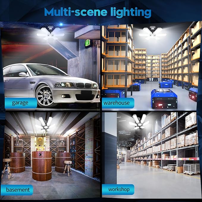 TANBABY Upgrade LED Garage Lights 4 Pack, Total 60000LM Deformable Garage Light Ceiling Shop Light,150W E26/E27 LED Light Garage Lighting with 6+1 Adjustable Panels Garage Bulb for Attic,Basement